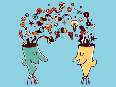 ilustração de duas pessoas que conversam e vários ícones migrando de um cérebro a outro