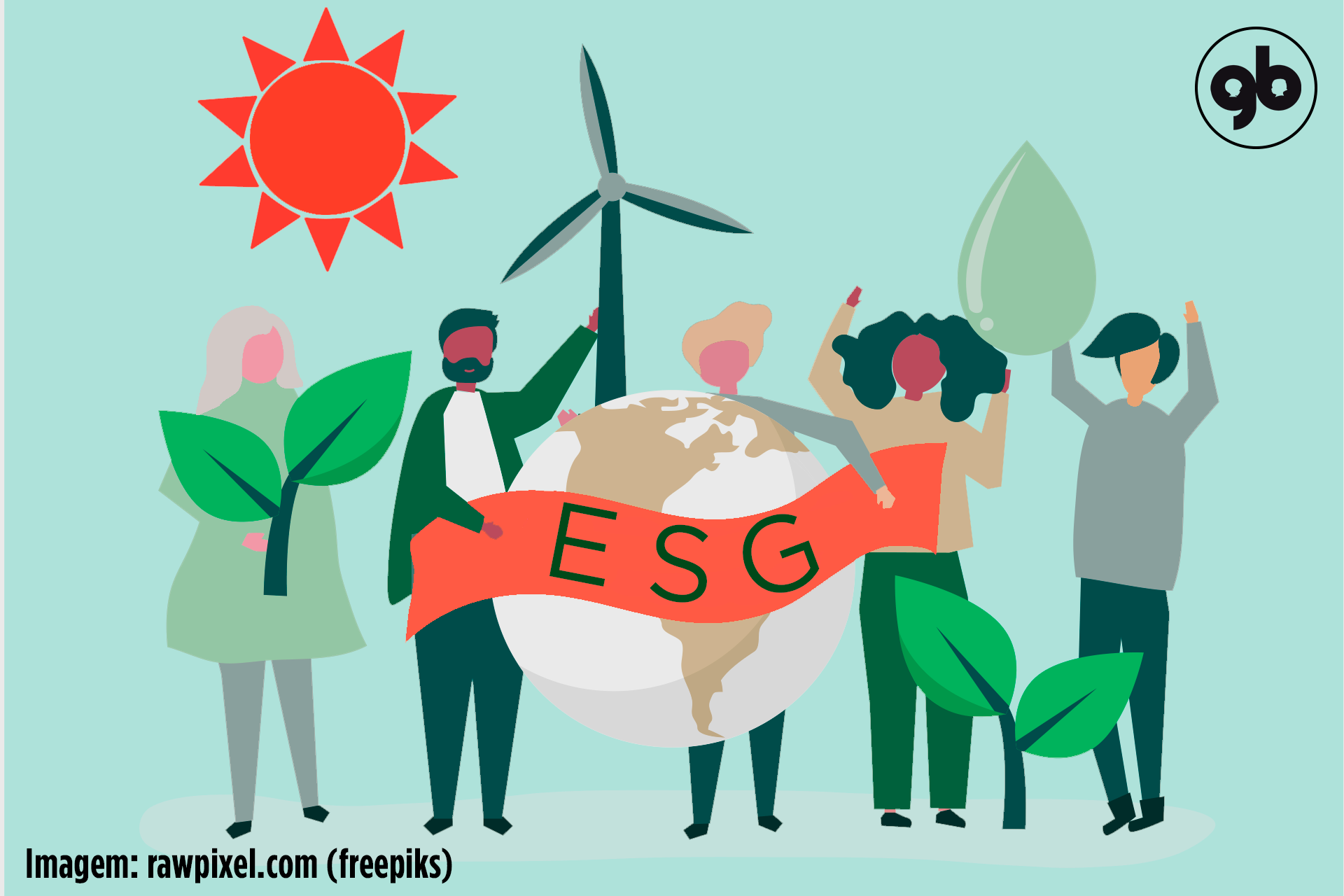 sobre fundo verde claro, ilustração de cinco pessoas diferentes que seguram cada uma um ícone que simboliza a sigla ESG