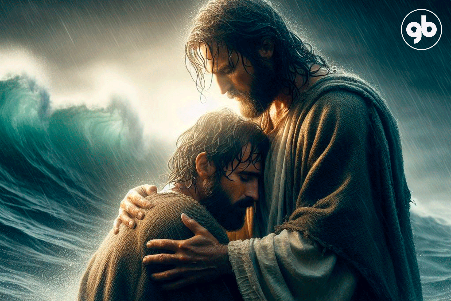 Jesus abraça Pedro, que apóia sua testa no peito do Mestre. Eles estão em meio a um mar revolto sob um céu escuro mas com uma luminosidade dourada ao fundo. Ambos de olhos fechados, com cabelos, barbas e vestimentas molhadas