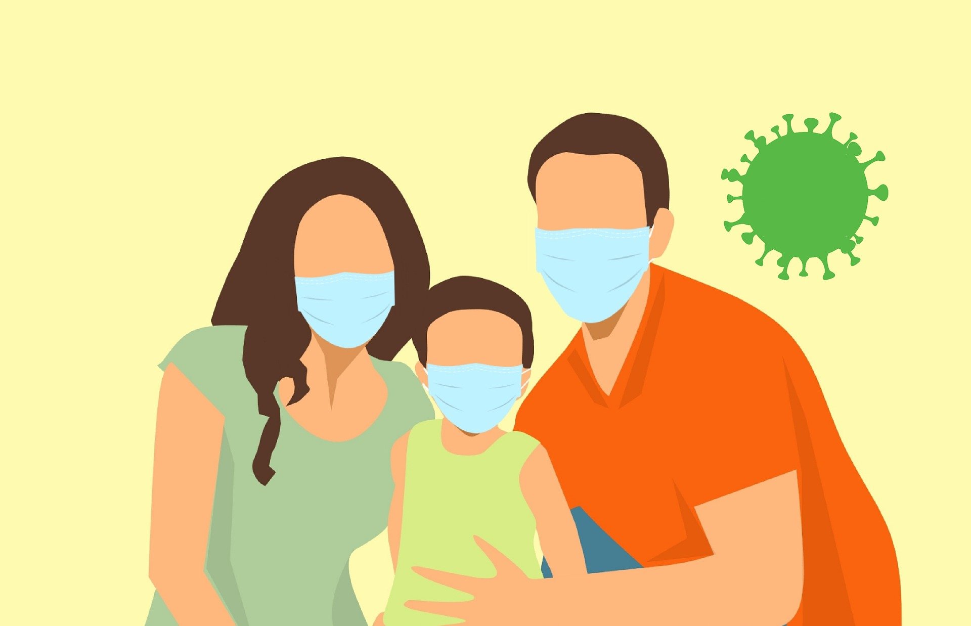 ilustração de homem, mulher e criança juntos com máscara facial e um vírus à direita deles