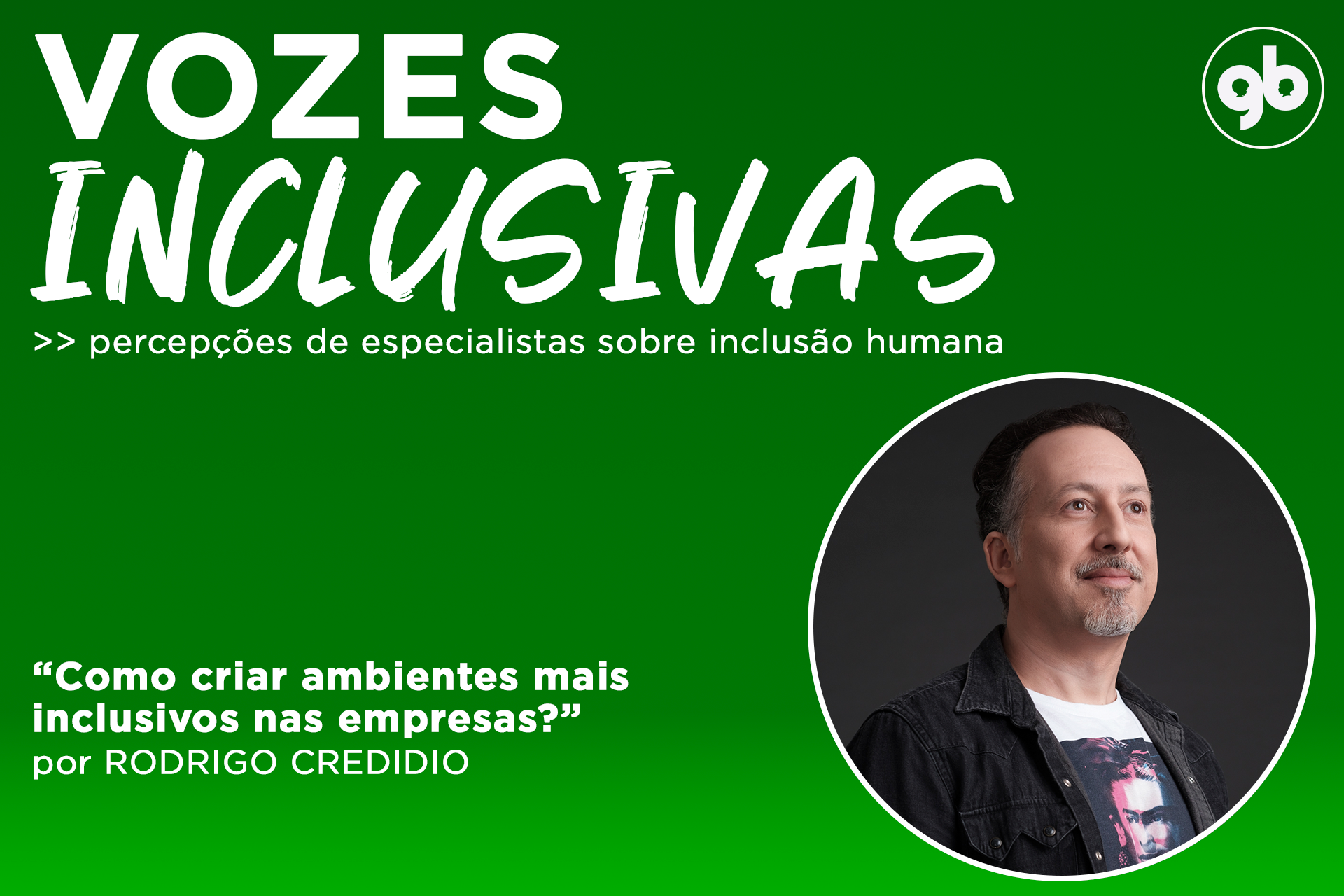 sobre fundo degradê verde, o título Vozes Inclusivas em branco e foto de Rodrigo à direita
